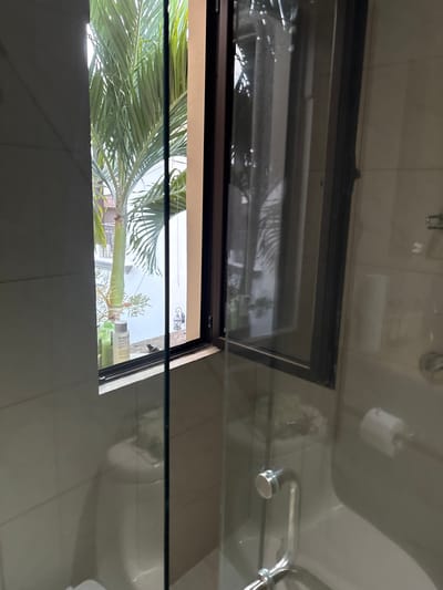 The image shows a bathroom interior in a house located in Río Oro, Costa Rica (latitude: 9.945, longitude: -84.201). There is a large window with a view of a palm tree and other foliage outside. The window is open and has black trim. The bathroom has white tile walls, a white toilet bowl, a shower stall with glass doors, a chrome-plated faucet, and a roll of toilet paper on a shelf. The toilet bowl is partially visible in the lower right corner. The bathroom appears to be in a well-maintained condition.