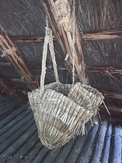 An upward angled medium shot captures a woven straw basket hanging from a rustic wooden ceiling. The basket, composed of dried stalks tied together, has a wide, irregular opening and a braided handle. The ceiling is constructed of rough-hewn wooden beams and a thatched roof made of straw. Below the ceiling, a series of dark, roughly cut logs are visible, arranged diagonally. The scene appears to be in an outdoor or open structure, possibly a shed or primitive dwelling, located in the Камянюцкі сельскі Савет, Belarus. The lighting is natural, casting shadows and highlighting the textures of the materials. There are no people visible in the image.