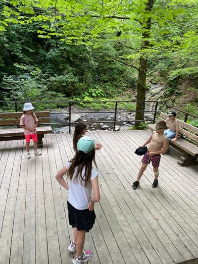 In Izmaylovka, Russia, a group of four children are seen on a wooden boardwalk overlooking a lush green forest and a small stream. Two boys, shirtless and wearing swim trunks and shorts, are standing. One boy is holding a black hat and looking down, while the other is looking forward. Two girls, one wearing a pink t-shirt and red shorts with a white hat, and the other in a white t-shirt and black polka-dot skirt with a mint green hat, are also on the boardwalk. The girl with the mint green hat is facing away from the camera, and the girl with the white hat is facing the camera. The scene appears to be set during the daytime, with bright sunlight filtering through the trees, suggesting pleasant weather. The boardwalk has a metal railing that runs along the edge, separating it from the natural landscape below. The overall impression is a casual outing in a scenic, natural environment. No visible text is present in the image.