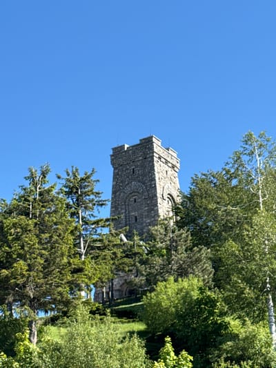 The image shows the Shipka Memorial Church, also known as the Monument to Freedom, in Shipka, Bulgaria. The church is a stone tower with a pyramidal roof, located on a hilltop surrounded by lush green trees and foliage. The sky is a clear, bright blue. The monument is a prominent landmark in the town of Shipka, and it is a popular tourist destination. The monument is dedicated to the Russian soldiers who died in the Battle of Shipka Pass during the Russo-Turkish War.