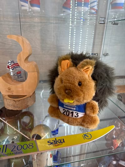 The image shows a display case with various objects. Prominently featured is a stuffed hedgehog wearing a blue and white band that reads "Trentino 2013 Fiemme." The year "2013" is printed in large font on the band. A yellow ski pole with the word "TEHVANDI" and "SAKU 2008" is leaning against the glass. There is a wooden object with a curved design resting on a piece of wood that is cut like the slice of a tree branch. Other items in the display case appear to be glass objects and possibly ribbons. The image was likely taken in Peresvet, Russia, due to the presence of the SAKU 2008 ski pole, referencing events held in Estonia.