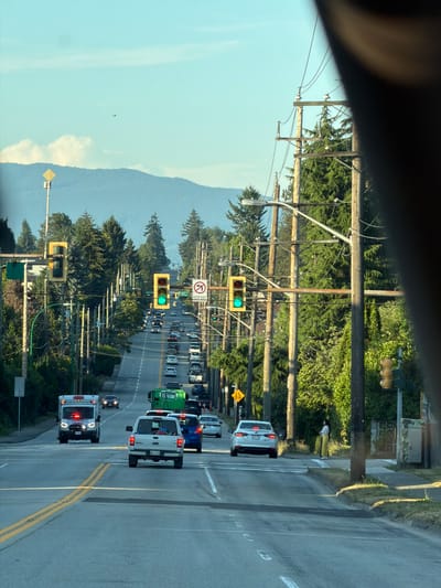 The image shows a street view in New Westminster, Canada, looking down a slightly sloped road with moderate traffic. The scene is characterized by a clear sky with distant blue mountains and a dense line of tall evergreen trees lining the right side of the road, interspersed with utility poles. On the left side of the road, there are more trees and some buildings partially visible.
Several vehicles are present, including an ambulance with flashing red lights in the foreground, followed by a white pickup truck and other cars. Traffic lights are visible at an intersection ahead, with one showing a green light. There are traffic signs, including a "No Turn" sign with an arrow. A pedestrian wearing a white and yellow patterned top and yellow pants is standing on the sidewalk on the right side of the road. The road has double yellow lines indicating the center of the road and white lane markings. The overall impression is a suburban or residential street with active traffic.