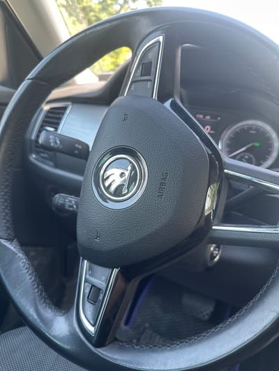 The image is a close-up, low-angle, outdoor shot of the interior of a car, specifically focusing on the steering wheel and dashboard. The steering wheel is black leather with visible stitching. In the center of the steering wheel is a silver emblem with a winged arrow symbol. Buttons and controls are visible on the steering wheel and on the stalk to the left. The dashboard displays a digital screen with some information, including a circular gauge. Sunlight is casting shadows and highlighting certain areas, suggesting it is daytime. The background shows a blurred view of trees and greenery, indicating the car is parked outdoors. There are no people visible in the image. The scene takes place in the city of Șerpeni, Moldova.