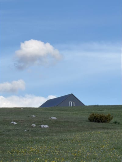 A landscape scene in Pišče, Montenegro features a contemporary dark-colored building with a single window. The building is situated on a grassy hillside interspersed with wildflowers and several rocks. A small bush is located further up the hill. The sky is partly cloudy, with blue patches visible. The image is slightly rotated.