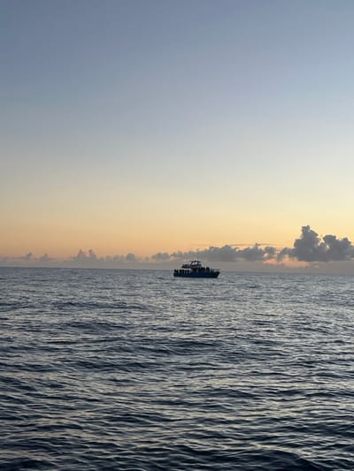 The image displays an open ocean scene at twilight, located within the maritime area adjacent to Wollongong City Council, Australia. The sky exhibits a gradient from light blue at the zenith to a warm orange-yellow at the horizon. A line of scattered cumulus clouds is visible along the horizon, partially illuminated by the ambient light. The lower two-thirds of the frame consists of dark blue-grey ocean water, presenting a textured surface with ripples. Centered in the middle distance is a dark-colored passenger vessel. The boat's superstructure appears lighter than its hull. An estimated 20-30 individuals are discernible on the main deck of the vessel, clustered together. No specific actions or interactions among these individuals are clear. The boat appears to be either stationary or moving at a very low speed. The lighting conditions indicate either sunrise or sunset.