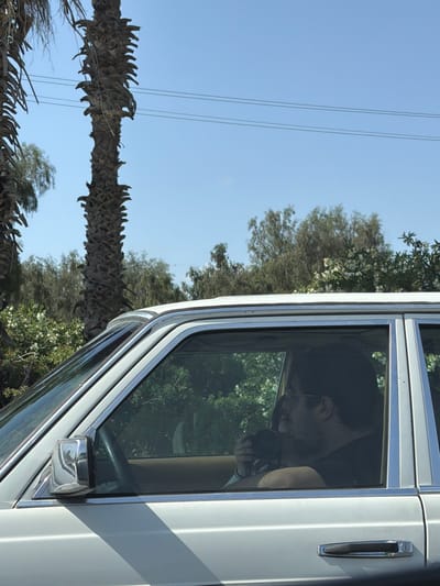 A man with glasses sits in the driver's seat of a white car, holding a black object. The car appears to be on a road with trees, palm trees, and power lines visible outside the car window. The location is the Shafir Regional Council, Israel.