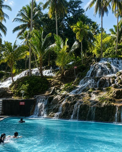 The image shows a vibrant blue swimming pool in the foreground, with several people swimming in it. The pool is adjacent to a natural rock formation with multiple waterfalls cascading down its sides. Lush green vegetation and tall palm trees surround the waterfalls, creating a tropical atmosphere. In the background, more palm trees and dense foliage are visible under a bright blue sky with scattered clouds. A sign with the text "AWAS DALAM" is attached to a dark wall to the left of the pool. The location is identified as Silaiyajae, Indonesia.