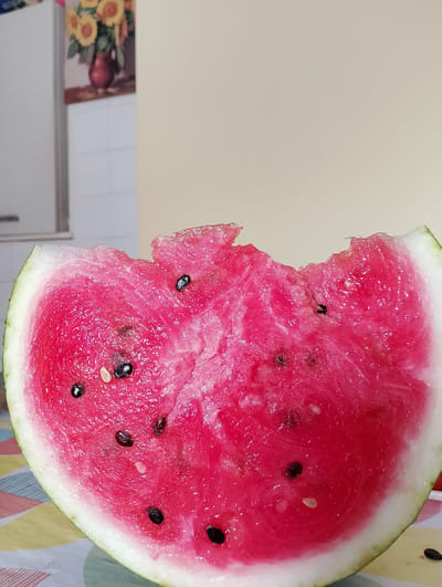 A close-up shot focuses on a slice of watermelon on a table covered with a colorful, patterned tablecloth. The watermelon slice is a vibrant pink, with several black seeds visible. The top edge of the watermelon appears to have been bitten or broken off. In the background, a painting of sunflowers in a vase is hanging on a wall, with a white tiled surface below it, possibly a backsplash. The overall environment suggests a domestic setting, likely a kitchen or dining area. The location is not specified in the image or the provided information.