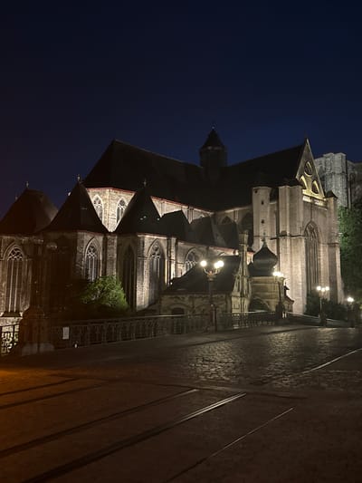 The image depicts a nighttime view of the St. Bavo's Cathedral in Ghent, Belgium. The cathedral is a large Gothic structure, illuminated by artificial lighting that highlights its stone facade and architectural details, including pointed arches, stained glass windows, and steep gabled roofs. A cobblestone street with tram tracks runs in the foreground, leading towards a bridge that crosses a canal or body of water, partially visible on the left. The bridge is adorned with decorative metal railings and lampposts that cast pools of light onto the street. Trees and other foliage are visible around the cathedral and along the canal. The sky is dark, indicating nighttime. There are no people visible in the image.