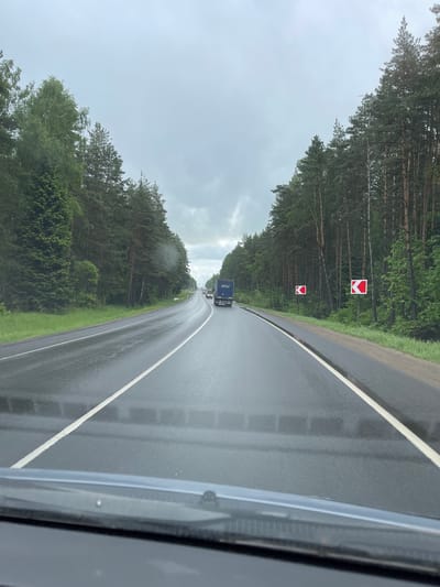 The image depicts a view from inside a vehicle traveling on a wet, asphalt road in Semyonovskoye, Russia. The road is bordered on both sides by dense forest. On the right side of the road are two signs with red chevrons pointing left. A blue truck is visible in the distance, along with other vehicles. The sky is overcast, suggesting rain or a recent rain event. The image is captured from inside the vehicle, evident by a portion of the car's frame visible on the right.