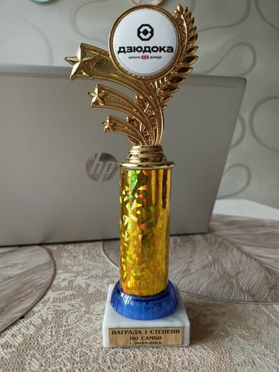 A golden trophy sits on a patterned tablecloth in front of a laptop. The trophy is topped with a circular emblem featuring a black geometric design and Russian text. Below the emblem, a golden laurel wreath surrounds a second line of text. The trophy's stem is cylindrical and covered in a gold, holographic, faceted material. It rests on a blue base, which in turn sits on a rectangular white marble block. A small gold plaque on the marble block bears Russian text, identifying the award as "НАГРАДА I СТЕПЕНИ ПО САМБО" (Award of 1st Degree in Sambo) and specifying the location as "г. ВОЛГОДОНСК" (Volgodonsk City). The background shows a light gray laptop with an HP logo visible on its surface. The overall environment appears to be indoors, with soft lighting and a textured wallpaper in the upper right corner.