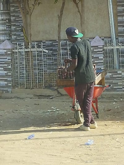 A person with a green-brimmed baseball cap stands behind a red wheelbarrow loaded with goods. The person wears a dark green shirt and reddish-purple pants with light-colored shoes. Behind the wheelbarrow is a wrought iron fence in front of a building with light and dark grey horizontal siding. Litter is strewn on the ground in front of the wheelbarrow. The scene appears to be set in a residential neighborhood on a sunny day.