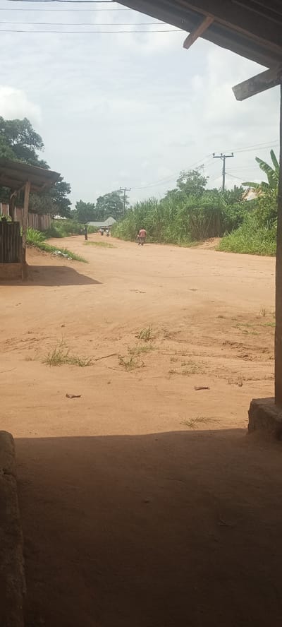 The image shows a dirt road in Amauzu, Nigeria. The road is bordered by green vegetation and trees, as well as structures with corrugated metal roofs. Several people are visible in the distance, some on motorcycles. Power lines and poles are present. The photograph appears to be taken from a shaded area, possibly inside a building or under a shelter.