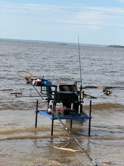 The image depicts fishing equipment set up near a body of water, with the shoreline visible in the foreground and a distant landmass across the water. The fishing setup includes multiple rods, reels, a tackle box, a net, and various accessories arranged on a blue-framed platform with adjustable legs submerged in the water. Sticks and debris are floating in the water near the shore. The sky is partly cloudy. The location is likely near Krasnyi Bor, Russia, based on the image's source.