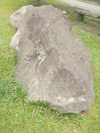 The image presents a large, irregularly shaped rock situated on a grassy slope in Baza, Myanmar (Burma). The rock, occupying most of the foreground and central frame, is greyish-brown with a rough, textured surface, exhibiting various indentations and lighter patches, possibly lichen or moss, on its exterior. It appears substantial in size, partially embedded in the earth.
Lush green grass surrounds the base of the rock, extending across the lower portion of the frame and up the gentle slope behind it. In the upper right background, a weathered concrete path or road is visible, alongside a simple, light-colored concrete bench. The overall scene suggests an outdoor setting, likely a park, roadside, or natural area.
The lighting indicates daytime, with soft, diffused illumination, characteristic of an overcast day or indirect light, as there are no harsh shadows. No people, animals, or specific activities are depicted; the scene is static. There is no visible text in the image.