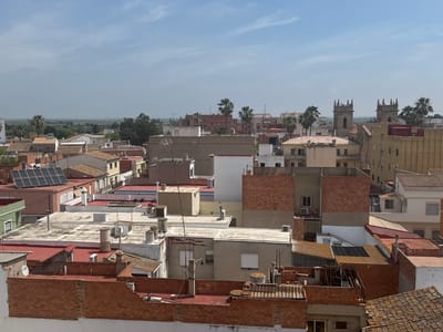 This elevated wide shot captures a dense residential area in the town of Sollana, Spain, under a bright, partly cloudy sky. The scene is dominated by a myriad of rooftops, showcasing a blend of architectural styles.
The buildings feature a mix of flat concrete roofs, often painted white or grey, and traditional low-pitched roofs covered with red tiles. Many structures exhibit light-colored facades in shades of white, beige, and grey, interspersed with sections of exposed red brickwork. Numerous rooftop fixtures are visible, including chimneys, ventilation units, various water tanks, and antennas. A set of solar panels is clearly visible on a red-tiled roof in the mid-left section of the image. A satellite dish in the lower left displays the text "Sogecable".
Several palm trees are scattered throughout the townscape, adding to the Mediterranean character. In the distance, beyond the residential areas, a vast, flat expanse of green fields or marshland extends towards the horizon, indicating the town's proximity to a rural or natural environment. Two prominent church towers, characterized by their distinct castellated tops, rise above the rooftops in the mid-ground on the right, suggesting a historic core.
The time of day appears to be bright daytime, with soft shadows indicating good visibility and clear weather, despite the presence of some scattered clouds in the light blue sky. The image offers a tranquil, static overview of the urban environment blending into its natural surroundings, with no human activity or specific events depicted.
