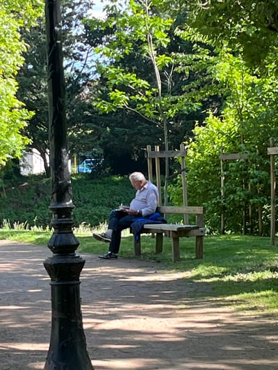 The photograph depicts a scene in what appears to be a park in Saint-Galmier, France. An older man is seated on a wooden bench, leaning forward. He is wearing a white shirt, dark pants, and what seem to be sneakers. A blue jacket is draped over the back of the bench next to him.
The environment includes lush greenery and trees, creating a natural backdrop. The bench sits beside a dirt or gravel path, with dappled sunlight creating shadows along the ground. A black, ornate lamppost is prominently featured in the foreground, partially obscuring the view.