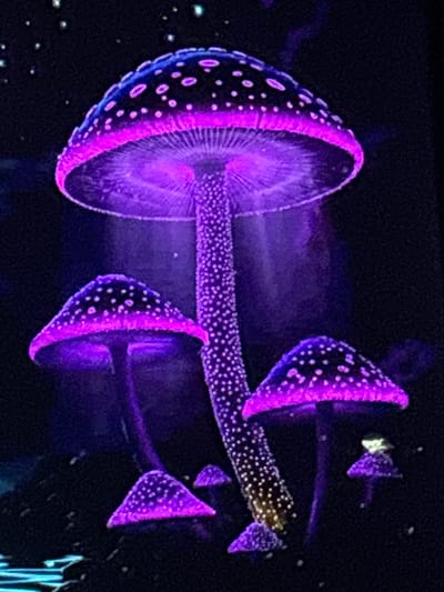 A cluster of bioluminescent mushrooms, glowing with vibrant purple and pink light, are set against a dark, starry background. The mushrooms vary in size and stage of development, with one large mushroom dominating the center of the image, its cap wide and speckled. Smaller mushrooms, some conical and others with more developed caps, are clustered around the base of the large one. Wisps of ethereal light emanate from the mushrooms, suggesting a magical or otherworldly environment. The scene is devoid of any human presence or identifiable urban features.
