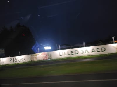 The image captures a nighttime scene in Laagri alevik, Estonia, likely from a moving vehicle. A large white billboard runs horizontally across the frame, illuminated by artificial lights. The billboard features text in green capital letters, reading "LILLED JA AED" on the right side and "Rikets" with a small tree graphic on the left. In between these texts, a floral or botanical image is visible. The background consists of dark trees and a deep blue night sky. Below the billboard is a strip of green grass, and a dark road is in the foreground. The overall impression is of a roadside advertisement at night.