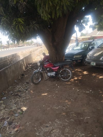 A red motorcycle is parked on a dirt ground under the canopy of a large, leafy tree. A person wearing a reddish top is seated or leaning against the tree trunk, partially obscured. To the right of the tree, two cars are parked: a dark-colored SUV and a lighter-colored sedan with Nigerian license plate "SNA-504-LF". To the left of the tree, a paved road or street runs parallel to a concrete barrier or drainage ditch. The ground in the foreground and under the tree is dirt, scattered with leaves, debris, and some small items. The scene is illuminated by sunlight, casting shadows. The location is an unconfirmed roadside area within Unguwan Rimi, Nigeria, characterized by both natural elements (tree) and urban infrastructure (road, vehicles, buildings in the distant background).