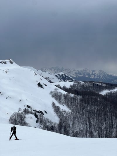 An elevated winter landscape view at Katun Bačko brdo, Montenegro, under a heavily overcast, dark grey sky. The scene is dominated by snow-covered mountains and slopes. In the lower-left quadrant, a single individual is observed on a snow-covered slope, positioned slightly right of the frame's center. The person is dressed in dark winter clothing, including a black jacket and pants, with a light-colored helmet, and is equipped with skis and ski poles. They appear to be in a downhill skiing stance. Behind the skier, a vast expanse of snow-covered terrain rises, featuring scattered rocky outcrops and clusters of bare deciduous trees. To the right and extending into the midground, a dense forest of leafless trees covers a steep hillside, contrasting sharply with the white snow. In the background, a range of snow-capped mountains with rugged peaks is visible, partially obscured by atmospheric haze. The overall lighting is diffused, indicating an overcast condition.