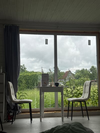 The image shows an interior view from a room looking out a large window onto a green, overgrown outdoor area. Two light-colored, modern chairs with black legs are placed on either side of a small, white table. The table has a white base with carved legs and a white tabletop. On the table, there is a white box with text and graphics, a black bowl, a small white jar with a lid, and a clear glass bottle. A dark grey curtain hangs on the left side of the window. Outside, the scene is dominated by lush green vegetation, including tall grass and bushes, with trees visible in the background. A weathered, red-roofed building is partially visible among the trees. The sky is overcast with grey clouds. The floor of the room appears to be a light-colored wood or laminate. On the left side of the room, a white cabinet or dresser is partially visible, and a red electrical device sits on the floor next to the curtain. The overall scene suggests a rustic or semi-developed setting, potentially a dacha or country house in the vicinity of Южное Снт, Russia, given the overgrown natural landscape and the style of the building in the background.