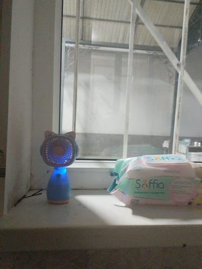The image shows a windowsill with a small, cat-eared fan and a package of baby wipes. The fan is blue and pink, with blue lights emanating from it. The baby wipes are packaged in a pastel-colored wrapper with the brand name "Soffia" visible. The background suggests an indoor setting, possibly a home, with a window looking out onto a blurry outdoor scene. The lighting appears to be dim, suggesting it might be evening or a cloudy day. There are no people visible in the image. The setting appears to be Mady, Kyrgyzstan.
