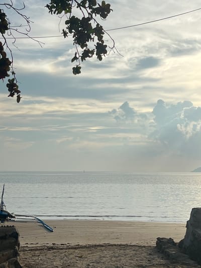This image captures a serene beach scene in Cuyo, Philippines. The foreground shows a sandy beach with some debris and a partially visible structure made of rocks and concrete on the right. A small, blue and white outrigger boat rests on the sand near the waterline, its long outriggers extending outwards. The sea is calm and stretches to the horizon, where a small marker buoy is visible in the distance. The sky is partly cloudy, with wispy cirrus clouds and larger cumulus formations, illuminated by soft, diffused light, suggesting either early morning or late afternoon. Dark green foliage hangs from branches in the upper left corner of the frame, framing the sky and the sea.