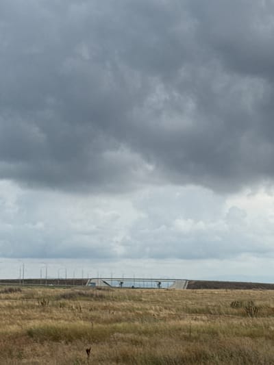 The image depicts a wide-angle view of a barren landscape under a heavy, overcast sky. In the foreground, dry, golden grass covers the ground, interspersed with sparse, dark brown vegetation. In the mid-ground, a concrete overpass stretches horizontally across the scene. The overpass is supported by pillars and features a raised roadway. To the left of the overpass, a line of streetlights is visible, stretching into the distance. A single white car is seen on the roadway of the overpass. The background is dominated by a vast expanse of gray clouds, creating a somber atmosphere. The scene is devoid of human figures. The overall impression is one of desolation and open space, possibly a rural or undeveloped area on the outskirts of a city. The provided location of Батальненское сельское поселение, Ukraine, suggests this is likely a scene from that region.