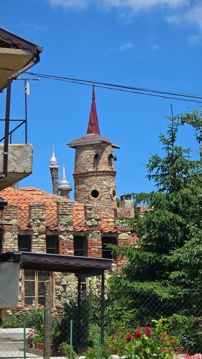 The image depicts a whimsical, castle-like structure made of brick and stone, located in Rudnik, Bulgaria. The building features several towers, including a prominent one topped with a conical red roof. This tower has circular openings and a facade that resembles a face, with two dark circular holes suggesting eyes and another round opening below. Another tower with a pointed, silvery dome is visible in the background, alongside other smaller, similarly adorned spires. The structure's roof is covered with traditional red terracotta tiles, and the walls are a patchwork of brick and rough-hewn stone.
In the foreground, a mature evergreen tree with dense needles partially obscures the view of the building. The ground level of the structure has windows with wooden frames, and a covered porch area is visible. A chain-link fence runs across the lower part of the image, behind which a garden with various plants and red roses is flourishing. The sky is a clear, bright blue with a few wispy clouds. Electrical wires and a portion of a house's eaves and roof are visible in the upper left corner, suggesting proximity to other residential buildings. No people are present in the scene.