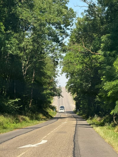 A car drives on a straight road. The road is surrounded by trees, creating a tunnel effect. A large white arrow is painted on the right side of the road, pointing towards the left. The road is made of asphalt, and the trees are lush green. The sky is visible in the distance.
