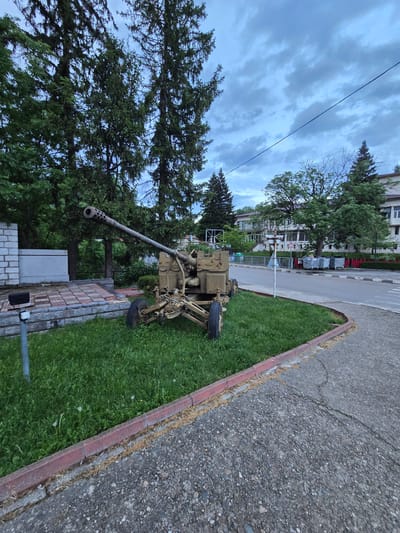 The image shows an anti-aircraft gun displayed as a war memorial in the city of Barziya, Bulgaria. The gun is positioned on a patch of green grass next to a sidewalk. The surrounding environment includes trees, a building in the background, a streetlight, and a cloudy sky.