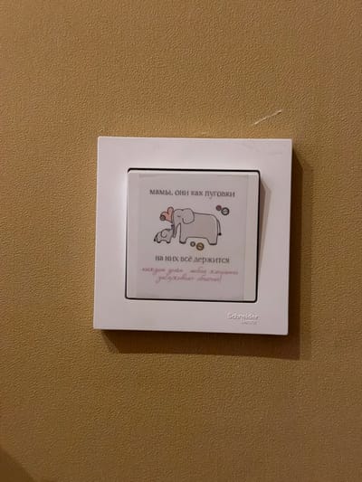An electrical light switch is centrally affixed to a textured, light brown wallpapered wall in Rzhavki 2, Russia. The switch is white, with a rectangular frame housing a single white switch button. A translucent sticker or laminated paper insert is placed over the face of the switch button. This insert displays a cartoon drawing featuring two grey elephants: a larger adult elephant with a red heart on its ear, and a smaller baby elephant positioned near its legs. Three multi-colored buttons (red, orange, brown) are depicted floating above the larger elephant. Above the elephants, the text "мамы, они как луговки" (moms, they are like onions) is printed. Below the elephants, "на них всё держится" (everything rests on them) is printed, followed by "каждыи день любая женщина заслуживает объятия!" (every day every woman deserves a hug!) handwritten in pink script. The manufacturer's name, "Schneider Electric," is printed in small black text on the lower part of the switch's white frame. The wallpaper exhibits a fine, granular texture, with a thin, diagonal white scratch visible above and to the right of the switch.