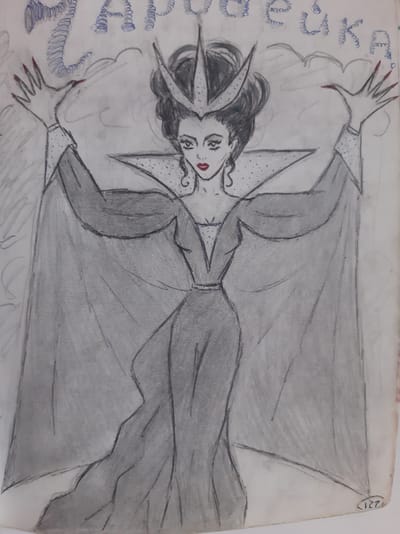 A pencil sketch depicts a stylized, regal figure with dark, upswept hair crowned by a pointed diadem. The figure wears a dark, floor-length gown with a V-neckline and a dramatic, flowing cape. The arms are extended outwards, with sharp, red-tipped fingernails visible. The face is drawn with sharp features, dark eyes, and red lips. Dotted patterns appear on the collar and cuffs of the gown. In the upper portion of the image, blue scribbled text is visible, which appears to be in Cyrillic script. A small, circular emblem with the number "127" is located in the lower right corner. The background is rendered with light, smudged shading, suggesting a smoky or ethereal atmosphere. There is no discernible urban or environmental context that would indicate a specific location in the city of Semey, Kazakhstan.