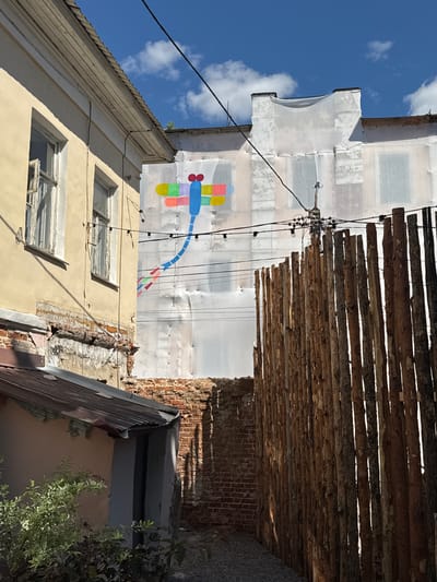 This is an outdoor, medium-shot, eye-level photograph taken in the city of Yelets, Russia. The scene depicts an alleyway between two buildings. The building on the left is old, with peeling yellow paint and exposed brickwork. It has two windows with white frames and partially open shutters. The building on the right is under renovation and covered in white sheeting, with a colorful mural of a dragonfly painted on the sheeting. A wooden fence made of vertical logs runs along the right side of the alley, partially obscuring the renovated building. Overhead, power lines crisscross the sky, and a clear blue sky with scattered clouds is visible. The ground of the alley is covered in gravel. In the foreground, a small, older structure with a corrugated metal roof is visible on the left, with some green foliage in front of it. The lighting suggests it is daytime, with sunlight casting shadows.