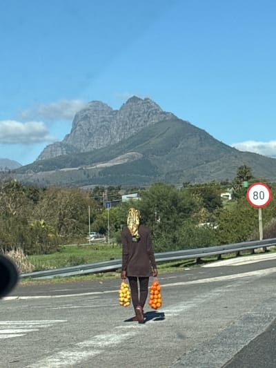 The image shows a person standing on the side of a road with a mountain in the background. The person is holding two baskets filled with fruit, one with oranges and the other with lemons. The road has a speed limit sign of 80. The scene is in Drakenstein NU, South Africa.