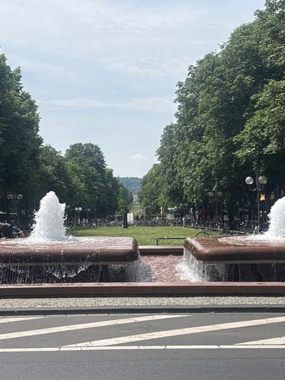 A wide shot captures a park-like setting in Bonn, Germany, featuring a large, multi-tiered fountain in the foreground. The fountain's dark, polished stone basins are filled with water, with jets of white water erupting from two of the sections. Water cascades over the edges of the basins, creating a glistening effect. Behind the fountain, a long, tree-lined avenue stretches into the distance, with lush green trees forming a canopy overhead. The avenue is flanked by grassy areas and pathways, with numerous bicycles parked along the side. Lampposts with spherical lights are visible along the avenue, and in the far distance, rolling hills with buildings can be seen under a partly cloudy sky. Several individuals are present in the background, some seated near the fountain and others walking or cycling. The scene appears to be a public space, likely a park or plaza, in an urban environment.