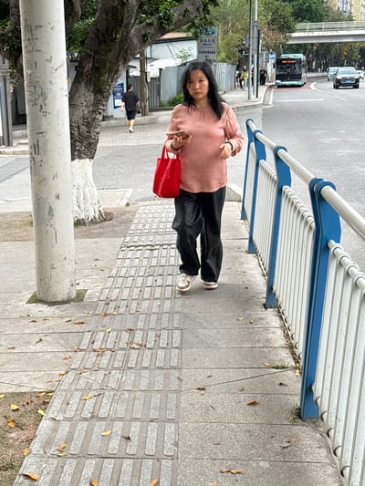 A woman stands on a sidewalk in 龙溪街道, China, holding a red bag. She is wearing a light pink shirt and dark pants. A bus and cars are on the road beside the sidewalk. A blue and white railing runs along the sidewalk's edge. A tree is to the left of the woman. Other people are visible in the background. The sidewalk is made of grey rectangular pavers. Fallen leaves are scattered on the sidewalk and the ground next to it.