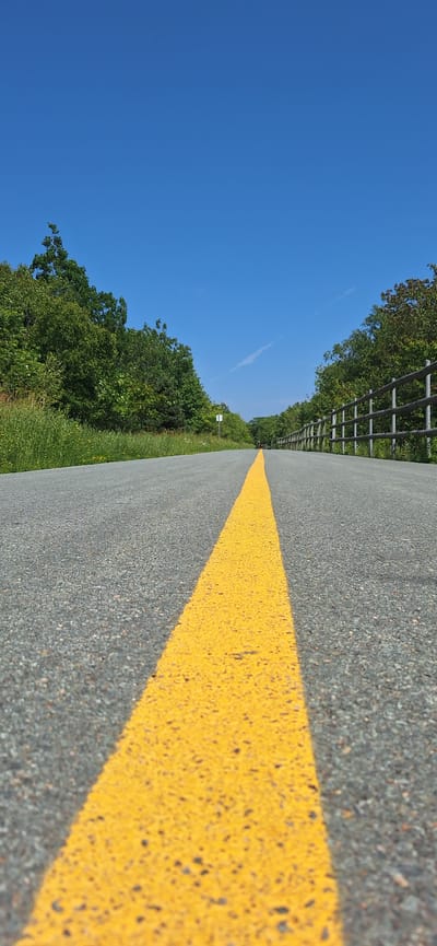 A low-angle, eye-level shot captures a paved pathway in Beechville, Canada, bisected by a prominent yellow line. The path stretches forward, vanishing into the distance under a vast, clear blue sky. Lush green trees line both sides of the path, with tall grass and smaller wildflowers growing on the left. A wooden fence, constructed of horizontal planks, runs along the right side. In the far distance, a lone bicyclist is visible on the path, heading away from the camera. The sun is bright, casting no discernible shadows from this perspective. The overall impression is one of a serene and pleasant day in a natural setting.