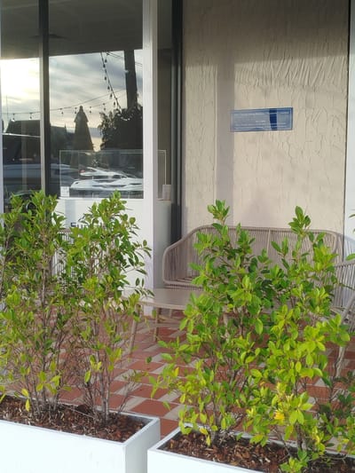 The image depicts an exterior view of a building with a textured, light-colored wall and a large glass window. Mounted on the wall is a rectangular blue sign with white text that reads: "Dah Chong Hong Motors (Thailand) Limited", followed by "MCA-F.886" and an address in Royal Phuket Marina, Koh Kaeo Sub-District, Muang, Phuket, Thailand. In front of the building, there are two white planters containing green leafy shrubs. To the right of the shrubs, a woven outdoor sofa and chair are visible on a tiled patio. The glass window reflects the sky, clouds, and some string lights. Inside the window, a display case shows a model of a white luxury yacht.