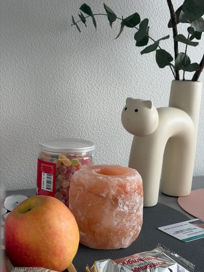 This image displays a collection of items attached to a white textured surface. The items include a beige decorative object resembling a bear, a branch with green leaves, a pink salt lamp, a clear plastic jar filled with colorful candies, and a reddish-yellow apple. The items are arranged in a cluster, with the candy jar and salt lamp positioned above and beside the apple. The text "06 12 2025 2" and "БЕЛЬСКИЙ БИЛЕТ ... АЛЕКСАНДРОВНА" are partially visible on a label, as well as a partially visible yogurt snack wrapper. The scene is in Yanino-1, Russia.
