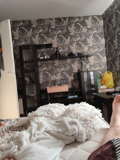 The image depicts an indoor scene, likely a bedroom, with a person's right leg and foot visible in the foreground, indicating their presence on a bed covered with plush white blankets and throws. The background reveals a room with patterned wallpaper featuring leaves in shades of grey and beige. A tall, dark wood cabinet with glass doors is positioned against the wall, filled with various items. To the right of the cabinet, a shelf holds decorative objects. Further to the right, a small pink cage, possibly for a pet, sits on a shelf. A black coffee table is visible, with dark fabric draped over it. Several plastic bags, one bright yellow and one green, are placed on a surface behind the cabinet, suggesting storage or recent deliveries. The overall impression is of a lived-in domestic space. The location of Андрэеўшчынскі сельскі Савет, Belarus, is not discernible from the visual elements of the image.
