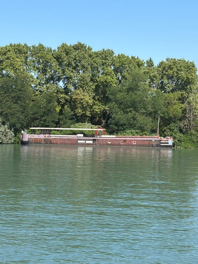 An aged, rust-colored barge with a white canopy runs parallel to the treelined bank of a wide, calm river. The barge is positioned in the lower half of the frame, its hull partially submerged in the greenish water. Lush green trees with dense foliage line the distant bank, their reflections visible on the rippling surface of the water. The sky above is a clear, vibrant blue. The scene appears to be captured from another boat or the bank of the river, with the camera angled slightly downwards. The overall impression is one of tranquility and stillness. This image was taken along the Rhône River in Avignon, France.