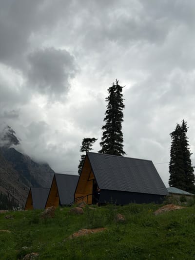In an outdoor scene, several triangular-shaped structures with dark grey metal roofs are lined up along a grassy slope. These structures appear to be cabins or small houses. Tall, dark green pine trees are scattered amongst the cabins and in the background. The sky is heavily overcast with thick grey clouds. In the mid-ground, a person is visible on the steps of one of the cabins, partially obscured by the structure. The lower portion of the image is dominated by lush green grass and several large, reddish-brown rocks. In the far background, a mountainous landscape is partially visible, shrouded in mist and clouds. The scene is devoid of any explicit urban elements, suggesting a remote or natural setting.