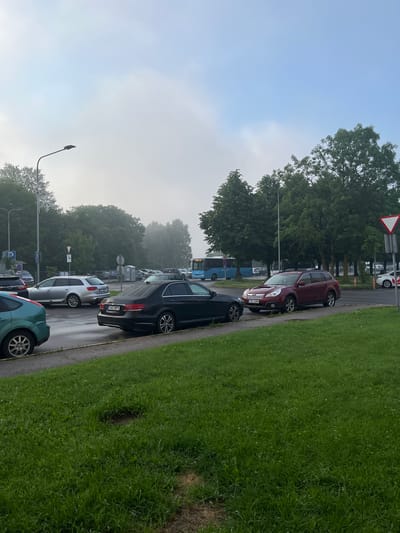 A street scene in Maardu, Estonia, features a line of parked cars on a paved road bordering a grassy area. The sky is overcast with fog or low clouds, and the trees in the background are dense and green. A blue bus is visible in the distance. Cars include a black sedan, a dark red SUV, a silver station wagon, and a teal hatchback. Traffic signs, including a yield sign and streetlights, are present. The environment appears to be a public area, possibly a parking lot or street in a residential or commercial district.