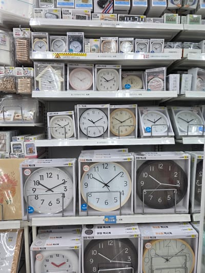 This media file shows a retail display of clocks and other small household items in a store, likely in Daejeon, South Korea. The shelves are packed with various types of clocks, including digital alarm clocks, analog wall clocks, and desk clocks. Many of the clock boxes feature Korean text, indicating product information, prices (ranging from ₩2,000 to ₩5,000), and descriptions such as "저소음 벽시계" (low noise wall clock) and "탁상시계" (desk clock).
In addition to clocks, the lower shelves display packages of wooden clothespins and photo albums. Some of the clock packaging also includes small illustrations or designs, like a house shape or cartoon characters. The overall scene suggests a well-organized retail environment focused on home goods and accessories. The lighting appears to be artificial, typical of an indoor retail space. There are no people visible in the image, but the presence of diverse products implies active commerce. The time of day and weather are not discernible from the image.