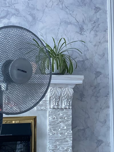 The image shows a close-up of a fan with the brand name "HYUNDAI" visible on its central hub, positioned in front of a fireplace mantel. The mantel is white and features decorative carvings. On top of the mantel sits a potted plant with long, green leaves. The background is a wall with a marbled texture in shades of grey and white. The bottom left of the image shows part of what appears to be an electric fireplace with a golden frame and a black insert containing a warning label that reads "НАКРЫВАТЬ DO NOT COVER". The scene appears to be an indoor setting, likely a living room, possibly in Uchaly, Russia, based on the provided context. No people are visible in the image.