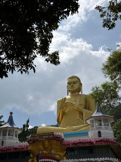 A monumental golden Buddha statue is centrally positioned against a partially cloudy blue sky, situated at the Golden Temple in Dambulla, Sri Lanka. The Buddha is depicted seated, with the right hand raised in the Abhaya Mudra (gesture of fearlessness) and the left hand resting in its lap. Below the statue, an ornate temple entrance is visible, featuring a large, golden, stylized demon mask with prominent teeth. Above this mask, a sign reads "GOLDEN TEMPLE Dambulla" in English and Sinhalese script. White architectural structures with blue conical roofs flank the foreground entrance, one visible on the left and another partially on the right. Dark green tree foliage frames the top and right sides of the image. The scene is illuminated by daylight. No individuals are visible.