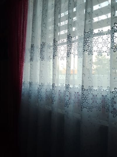 A sheer, white curtain with a floral pattern is drawn across a window, partially obscuring the view of a tree and the sky outside. The curtain features horizontal bands of decorative flowers and swirling vine-like patterns. To the left of the sheer curtain is a thicker, dark red curtain. The scene appears to be indoors, likely in a residential setting within Свіслацкі сельскі Савет, Belarus, given the context. The lighting suggests it may be late afternoon or early morning, with sunlight filtering through the sheer curtain and creating shadows. There are no people or animals visible in the image.