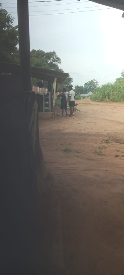 The image shows a dirt road scene likely in a rural or semi-rural area of Amauzu, Nigeria. Two individuals are standing near a small, makeshift roadside structure, possibly a shop or stall, with shelves holding items. A wheelbarrow is near them. The road is unpaved, and vegetation lines the roadside. Power lines are visible overhead. The sky appears overcast.